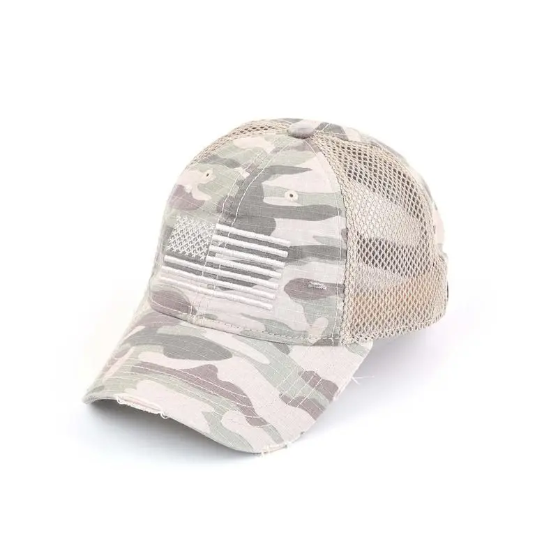 American Flag Style Camo Mesh Trucker Hat - Adjustable Vintage USA Embroidered Cap for Men, Breathable Outdoor Streetwear Headwear, Camo Hats, American Flag Style Hats