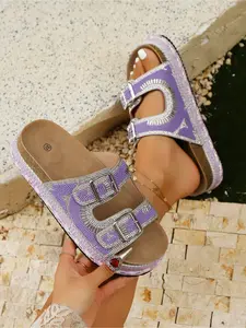Women's Summer Fashion Thick Sole Sandals Bohemian Style Platform Slides 2026 New Trendy Rhinestone Colorful Stone Slippers O Wedge Beach Shoes Must-have for Coastal Vacation