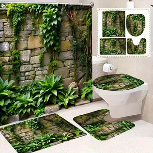 1/4pcs Green Plant Themed Bathroom Decor Set, Bathroom Supplies, Bathroom Set with Shower Curtain, including toilet seat cover, rectangular bathroom mat, and U-shaped mat, Includes 12 shower curtain hooks