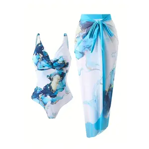 Women One Piece Swimsuit with Cover Up, Floral Print Bathing Suit, Two Piece Bikini Set, Beach Swimwear with Wrap Skirt, Summer Vacation Outfit