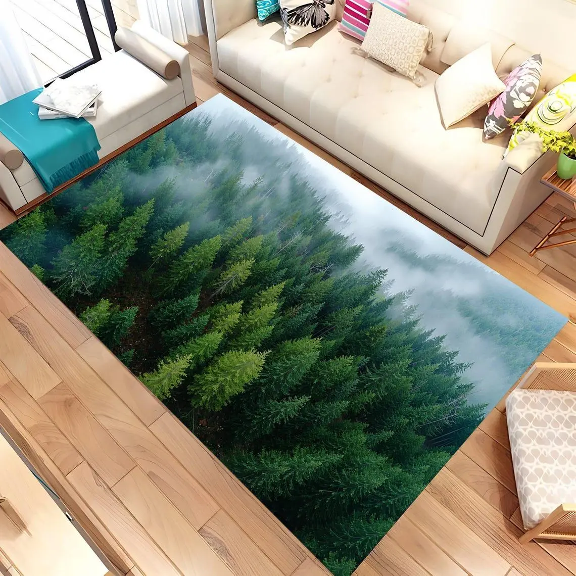 Misty Forest Rug, Nature Landscape Carpet, Green Woodland Area Rug, Scenic Mountain Fog Decor, Living Room Forest Print Floor Mat 37