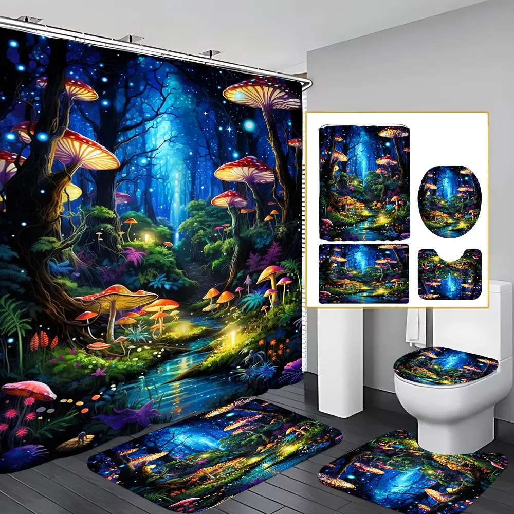 4 Pcs Magical Mushroom Forest Bathroom Curtain Sets with 12 Hooks, Enchanted Night Forest Large Waterproof Mildew Proof Bathroom Curtain, Decorative Shower Curtain, Bathroom Curtains Shower, Toilet Lid Cover, Non-Slip Bathroom Rugs and U Shape Bath Mat