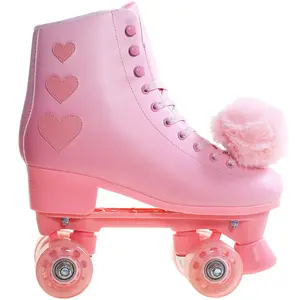 Roller Skates for Women, High Top PU Leather Rollerskates, Shiny Double-Row Four Pink Wheels Quad Skates for Girls and Age 8-50 Indoor Outdoor