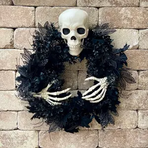 Skull Skeleton Halloween Wreath Swag Outdoor Decor with Scary Branches and Dark Florals for Front Door Fall Autumn Ornaments Decoration