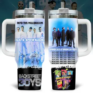 Backstreet Boys Into The Millennium 40oz Tumbler With Handle & Straw, 90s Boyband Tour Merch Cup, Stainless Steel Insulated Travel Mug, Retro Music Fan Gift