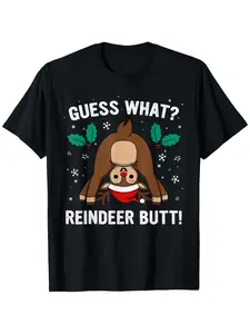 Fun Ugly Christmas T-Shirt for Men and Boys-Guess What is a Reindeer Butt Pattern with Rudolph Design, Short Sleeve Casual Round Neck T-Shirt, Comfortable Version for All Seasons, , Black Friday, Halloween, for workers, lightweight feel