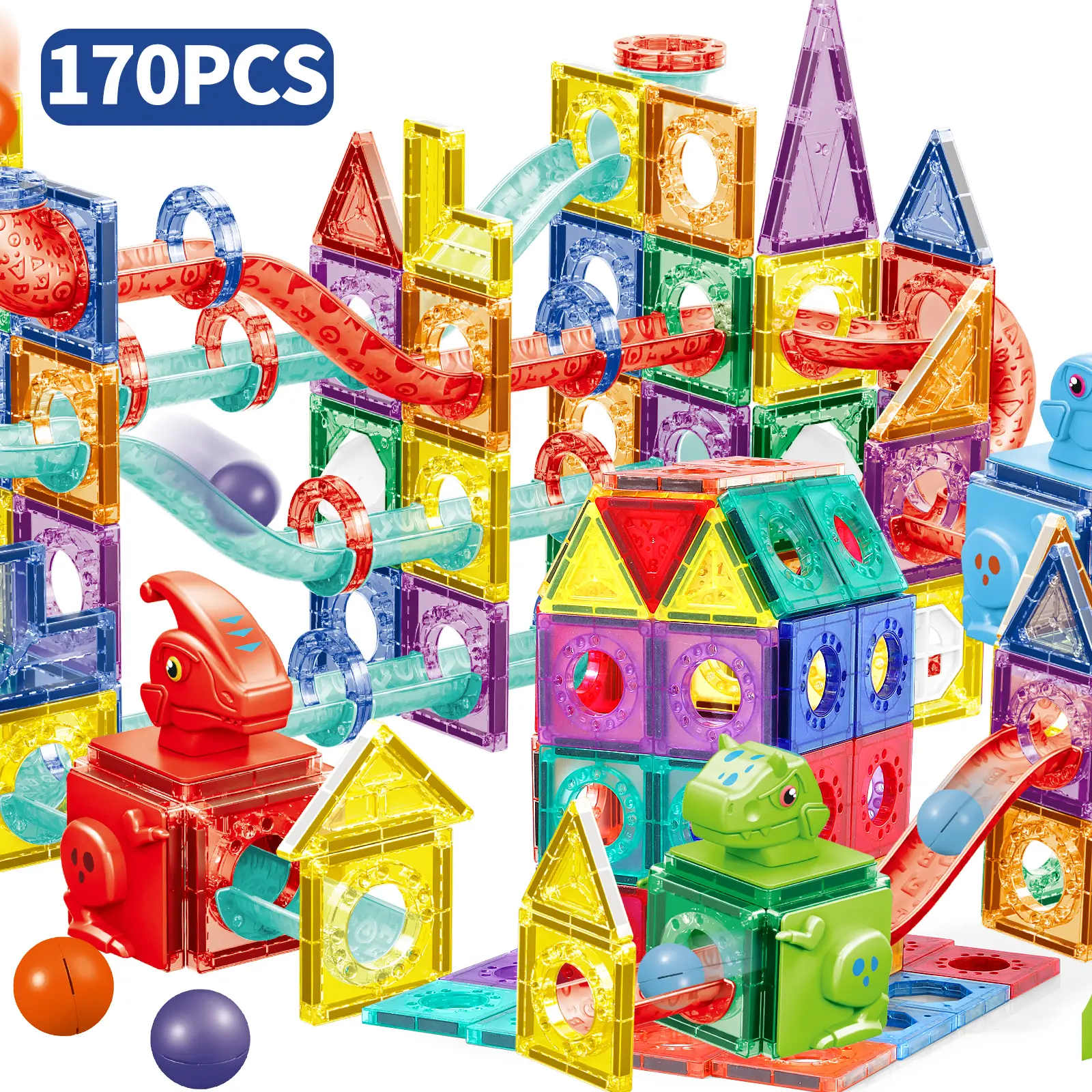 Dinosaur Race Track Magnetic Building Tiles for Kids 170PCS STEM Educational Construction Blocks Montessori Magnet Tiles Set 4D Diamond Cut Design Safe Non-Toxic Materials Ages 3+