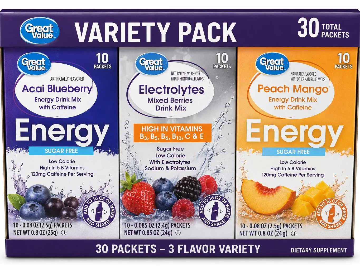 Great Value Sugar-Free Drink Mix Variety Pack – 30 Total Stick Packets | Blueberry Acai Energy, Peach Mango Energy & Mixed Berries Electrolytes | Low Calorie, On-the-Go Beverage Mix