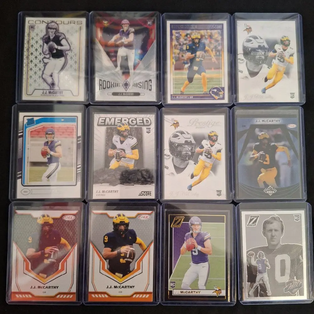 JJ McCarthy Rookie Card Lot - Collection of Football Trading Cards Featuring Multiple Designs and Players