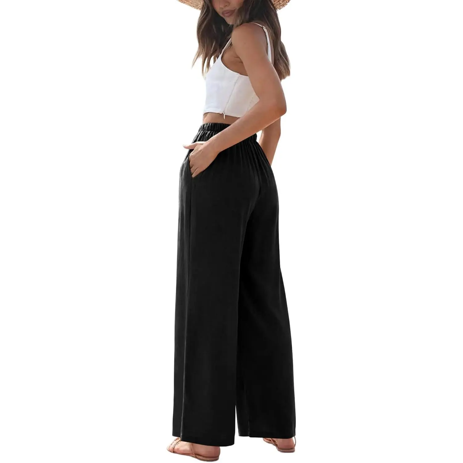 Women Cotton Summer Palazzo Pants Flowy Wide Leg Beach Trousers with Pockets Fashion Clothing Women Cotton Summer Palazzo Pants Flowy Wide Leg Beach Trousers with Pockets Fashion Clothing