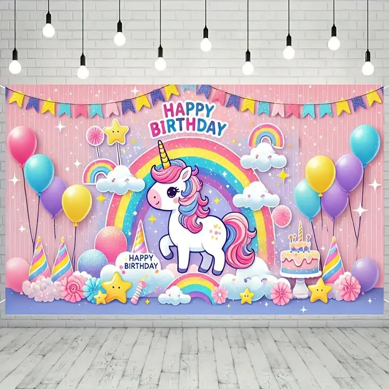 Unicorn & Rainbow Pattern Birthday Party Background Banner, Cute Unicorn and Rainbow Balloon Birthday Party Background Banner, Perfect for Photo Background