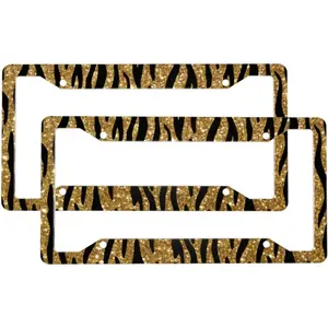 2 Sets Gold Glitter Animal Leopard print Premium License Plate Holder - Car Truck SUV Front and Rear Bracket for Enhanced Night Vision 4 Holes ﻿