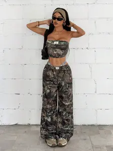 Women Summer 2 Piece Set Leaf Print Strapless Top Loose Pants Casual Vacation Streetwear Outfit