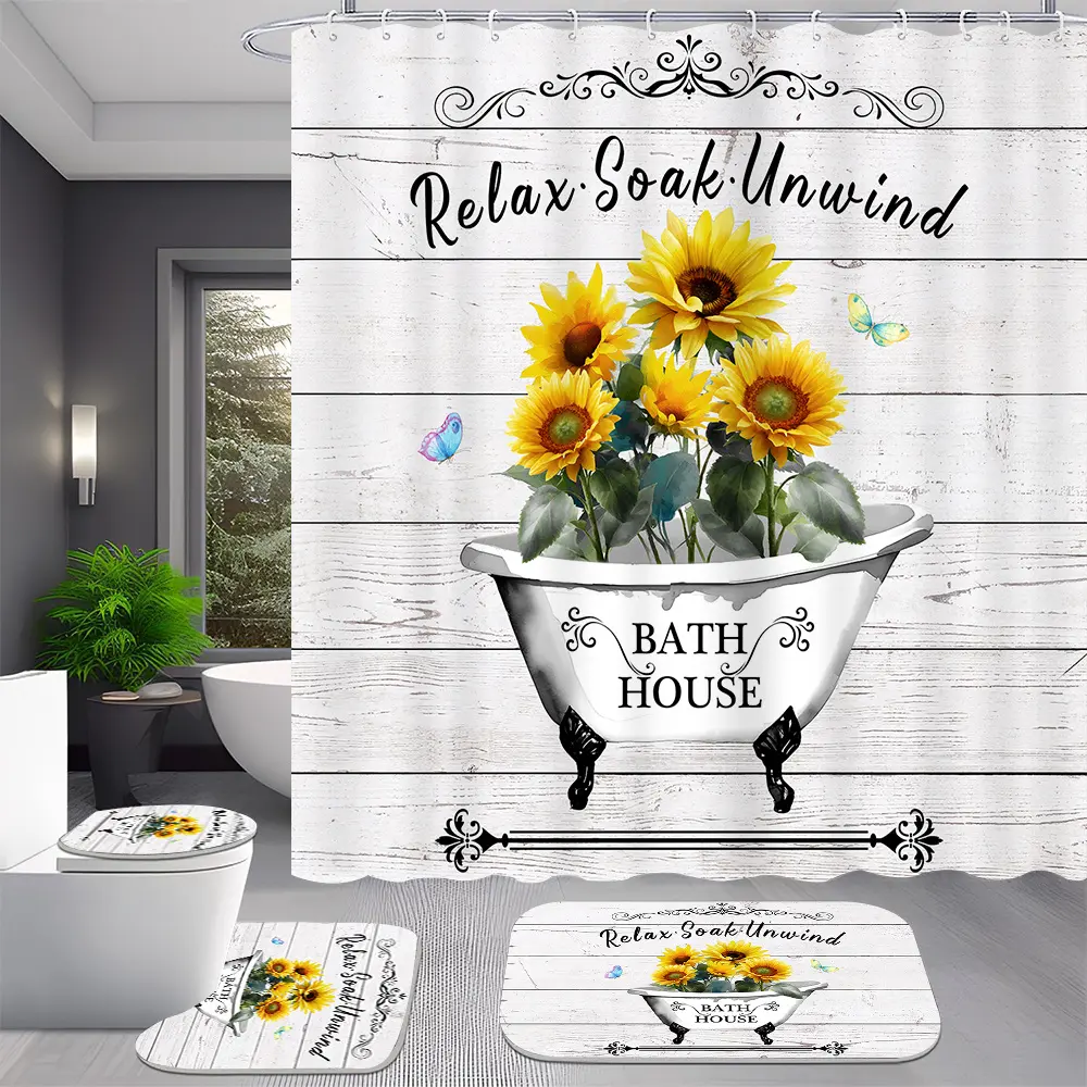 4-Piece Vintage Wood Sunflower Shower Curtain Set Bathroom, Waterproof Fabric with Non-Slip Rugs and Toilet Mat Farmhouse Decor