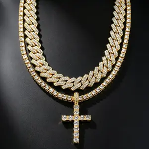 Luxury 2PCS 14mm Iced Out Cuban Chain Necklace & Cross Tennis Chain Moissanite with Certificate Hip Hop Double Row Layered Jewelry Couple Gift for Men Women