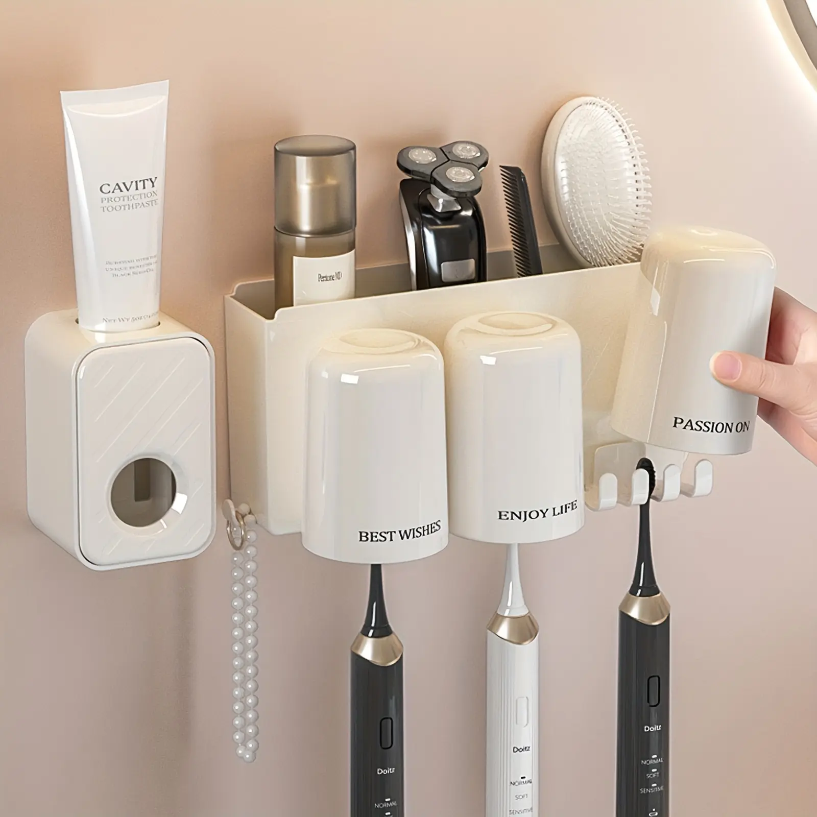 Cream White Wall-Mounted Multifunctional Automatic Toothpaste Dispenser & Toothbrush Holder Set, No-Drill Adhesive Installation, 1-Touch Dispense, Space-Saving Adhesive Storage Rack, Large-Capacity, Hygienic Modern Bathroom Organizer Accessory
