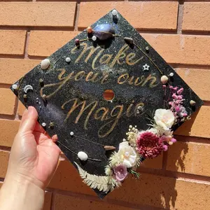 Custom graduation cap topper, unique graduation cap decor，galaxy themed cap topper ，Time and the Wreath cap topper with real dried flowers，perfect graduation gift