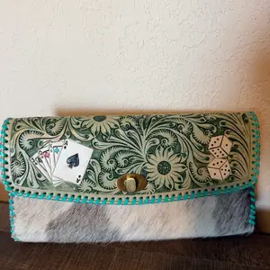 Genuine Cowhide Clutch with Hand-Painted Card and dice Designs