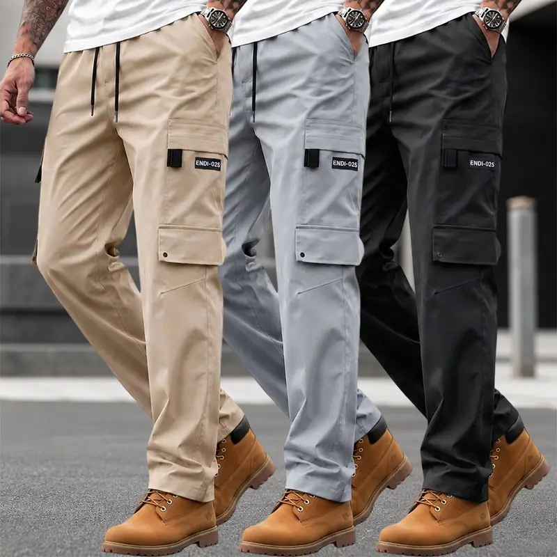 3-pack multi-layer straight cargo work pants with side pockets; lightweight, quick-dry twill long pants with a drawstring waist for everyday outdoor wear; men’s casual cargo pants