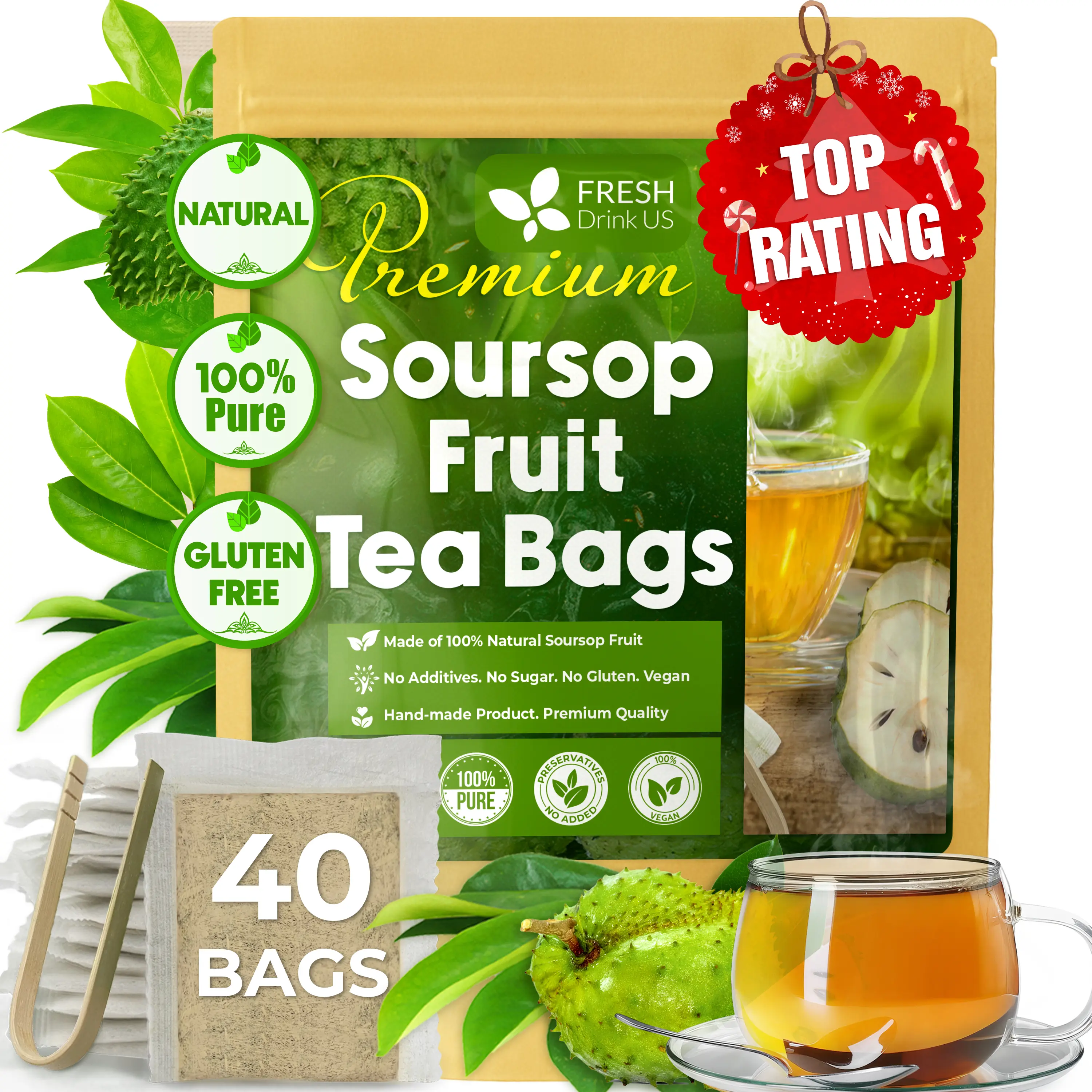 【FreshDrinkUS】 40 Premium Soursop Graviola Fruit Tea Bags, 100% Natural and Pure from Soursop Fruits, Made With Natural Materials-Corn Fiber Tea Bag, Sugar/Caffeine/Gluten Free, Hoja Guanabana Tea