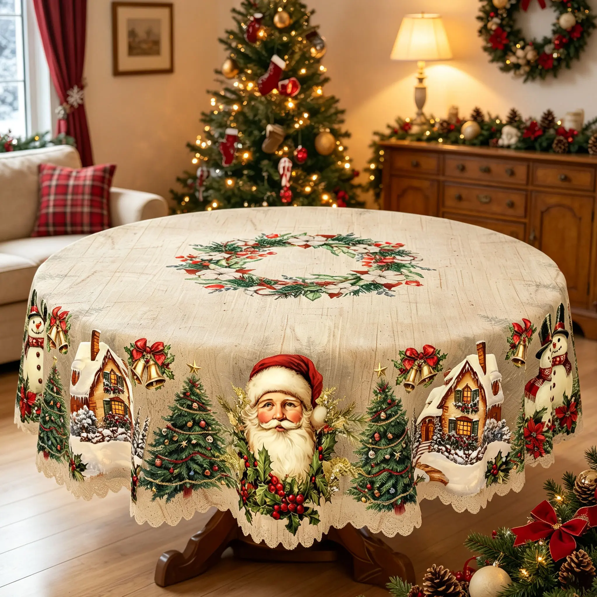 AAFKK Vintage Christmas Tablecloth with Santa Claus, Snowman, Christmas Tree Patterns, Christmas Decor 2026, Christmas Party Decoration for Indoor&Outdoor, Christmas Round Rectangular Table Cloth, Holiday Home kitchen Festive Decor