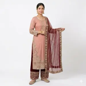 Indian Dress - Casual Women's Wear with Elegant Design and Colorful Embroidery - Heavy Frendy Silk Top & Faux Georgette Palazo & Dupatta Set - Basic Fabric