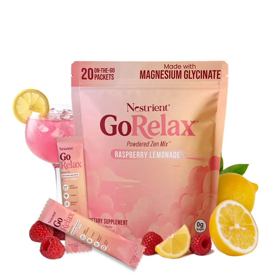 Nestrient GoRelax Powdered Zen Mix - Raspberry Lemonade Dietary Vitamin Supplement, 20 On-The-Go Packs, Magnesium Glycinate, 0g Sugar, Botanical Extracts, Calms Nerves, 24-Month Shelf Life, Travel-Friendly Stress Relief & Muscle Support Wellness Aid