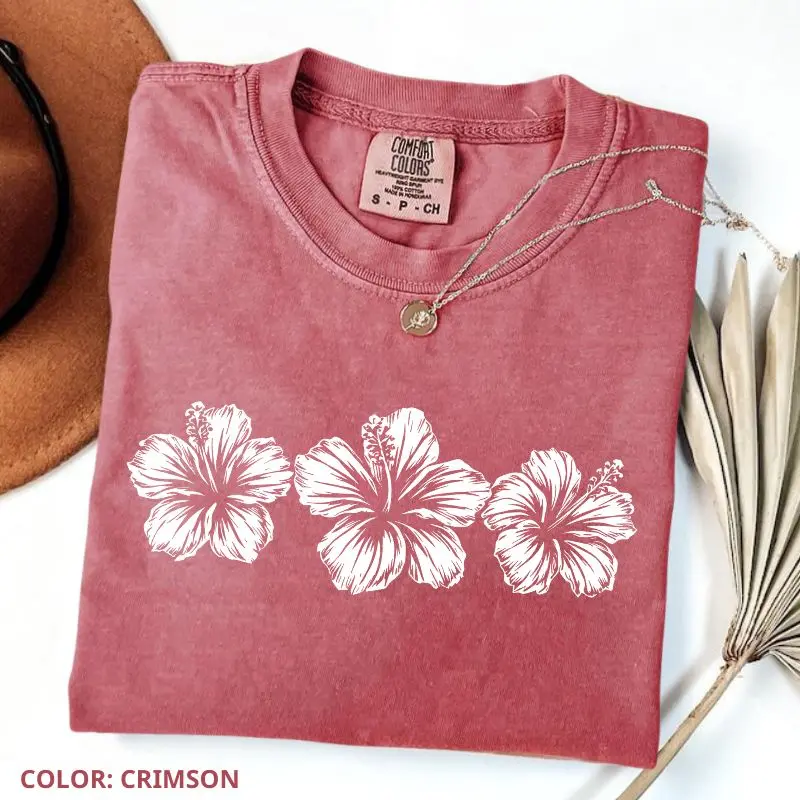 Comfort Colors Hibiscus Flower T-Shirt, Tropical Beach Graphic Tee, Vintage Wash Unisex, Summer TShirt For Vacation Beachwear Gift