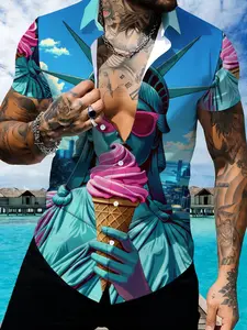 Fashion Print Short Sleeve Casual Button Collared Shirt for Men, Summer Beach Vacation Tropical Style Loose Shirt, Trendy Personality Outfit Top, Casual Menswear