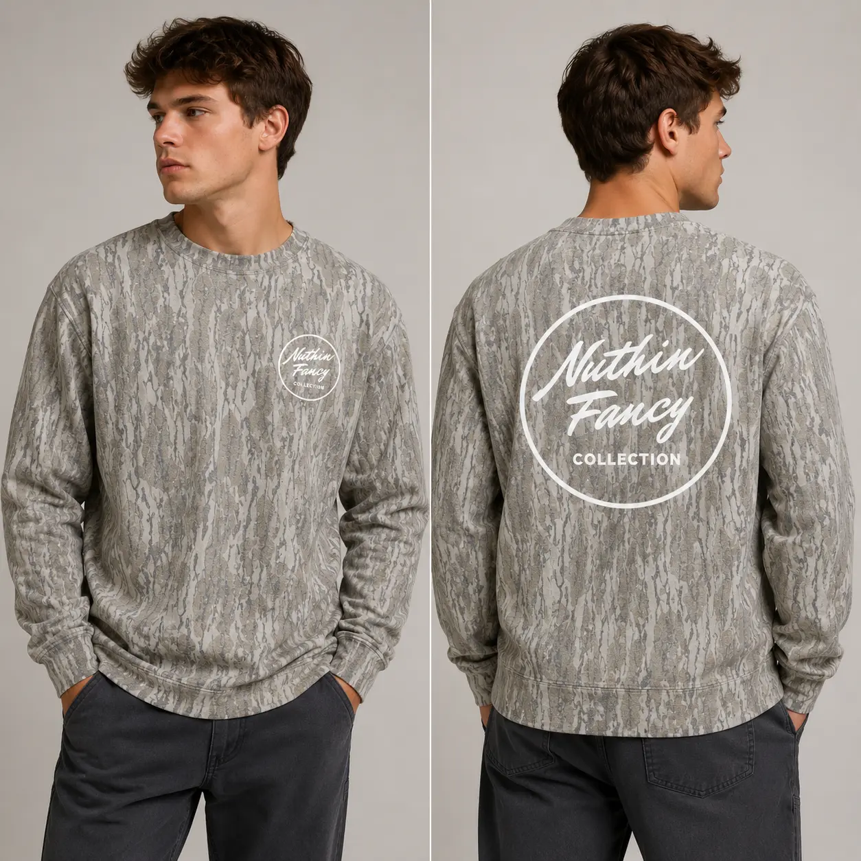 Washed Out BOTTOMLAND Nuthin Fancy Men’s Tibbee Flex Camo Sweatshirt with Mossy Oak Tree Print, Long Sleeve Outdoor Hunting Pullover Hooded, Soft & Durable Camouflage Sweatshirt, Gift for Men