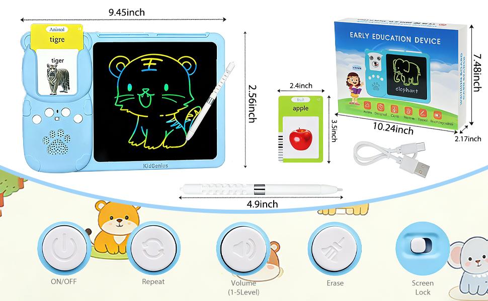 KIDGENIUS LCD Writing Tablet for Kids Ages 3-7 with 255 Flashcards 510 Words Interactive Educational Learning Pad with Sound English Spanish Vocabulary Cards Outdoorfun Feature Animal Themes Ideal Birthday Gift