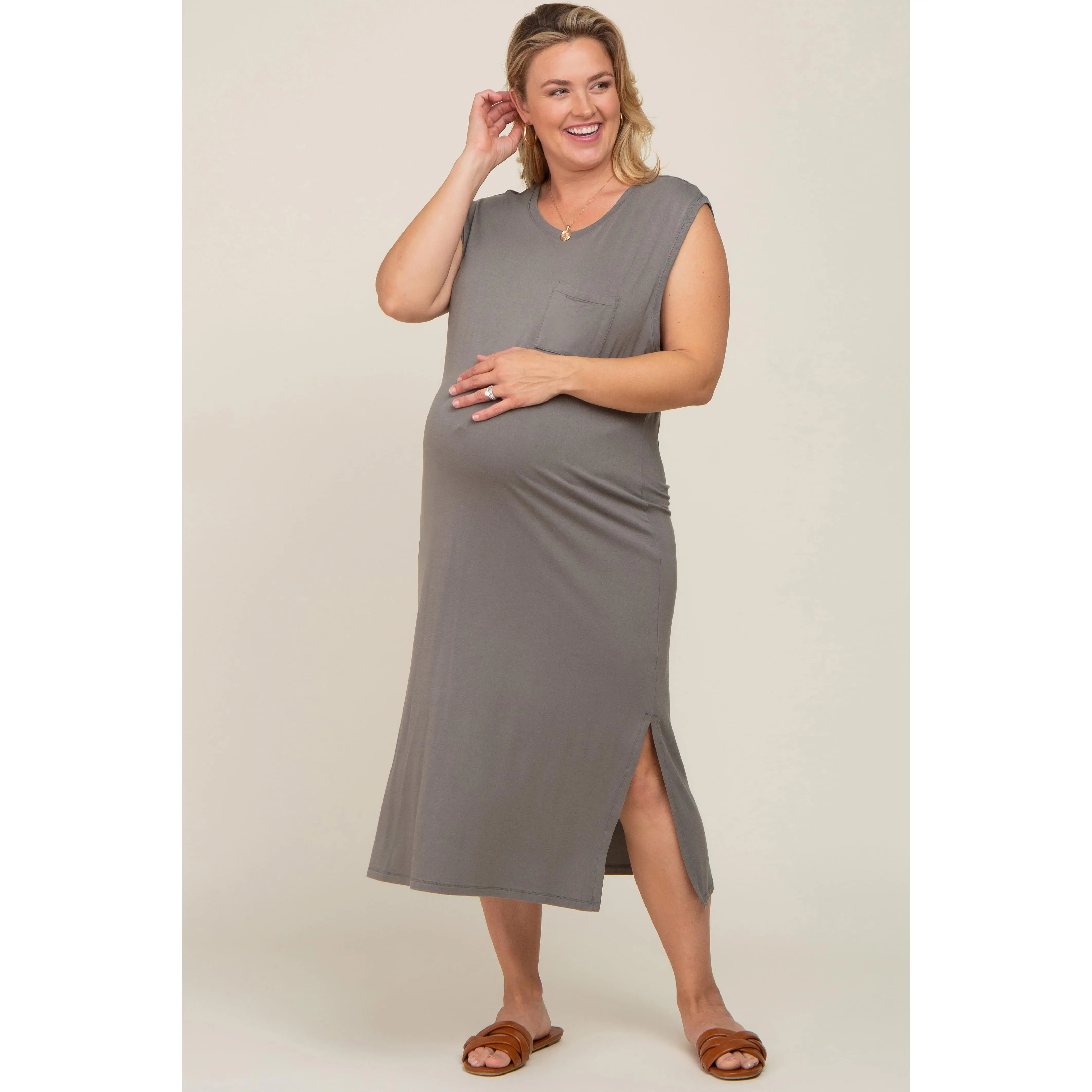 Olive Sleeveless Front Pocket Maternity Plus Midi Dress, Maternity Wear, Pregnancy Clothes, Bump Friendly