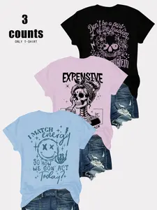 Breathable Casual T-Shirt, Loose Fit Round Neck Design, Skull Smiley Print, Daily Wear, Fashion Comfort Versatile Top, 3 Pack