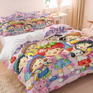 Cute Pink Strawberry Cartoon Bedding Set, 1 Duvet Cover + 1/2 Pillowcases, Sweet Kids Group Print Duvet Cover, Cozy Soft Breathable Fabric, All Season Lightweight Bed Set for Teens