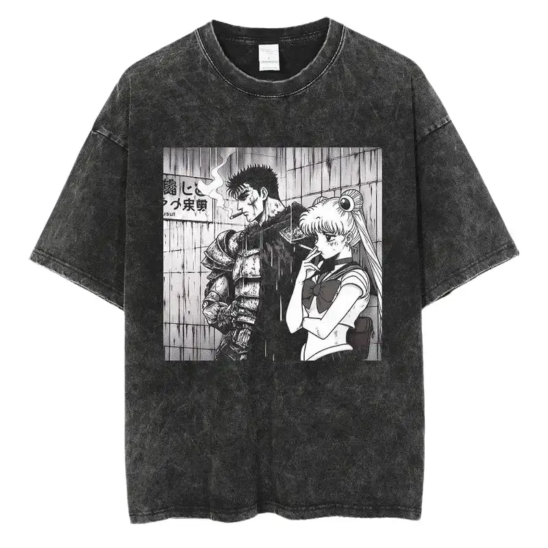 [KM]100% cotton 2026 Trendy Berserk Anime Skull Graphic Tee,Soft Retro Washed Cotton Unisex T-Shirt, Comfortable Casual Short Sleeve Summer Tops, Y2K Harajuku Streetwear Crew Neck Fashion Tees for Anime Fans Men Women Daily Street Outdoor Wear Apparel Cla