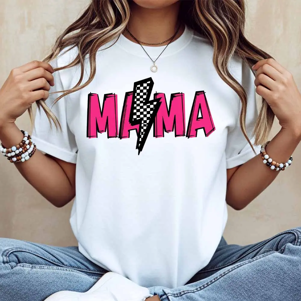 Mama Lightning Bolt Print T Shirt White Casual Loose Fit For Women Daily Wear And Motherhood Style
