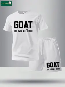 Men’s summer regular-fit two-piece set: cotton short-sleeve T-shirt with “God is Above All” lettering print and cotton shorts with a Christian-themed graphic. Fashionable casual menswear with pockets—sports elastic-waist drawstring shorts. Suitable for so