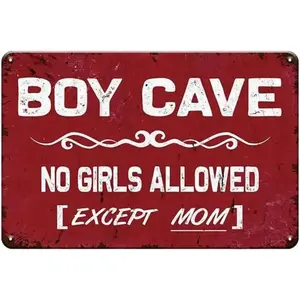 Little Man Cave Sign For Boys - Boys Cave No Girls Allowed Except Mom, Vintage Metal Boys Only Sign For Boys Room, Bedroom, Gaming Room Wall Decor Art Accessories