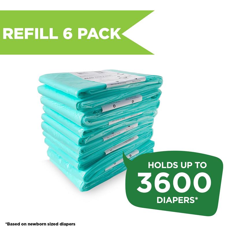 Pail Buddies Diaper Pail Refills | 6 Count Value Pack Holds 3,600 Diapers | Compatible with Dekor Plus Diaper Pail | Strong, Durable Refill Bags with Odor Eliminating Fresh Baby Powder Scent