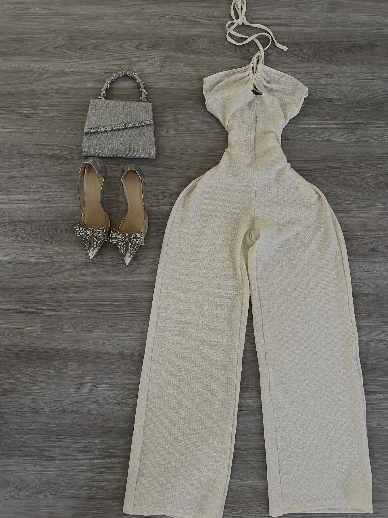Women's Wide-Leg Jumpsuit, Plain Fitted Twist Design, Formal Outfit, Ideal for Cocktail Parties, Evening & Night, Perfect for Baby Shower & Wedding Events, Womenswear, Light
