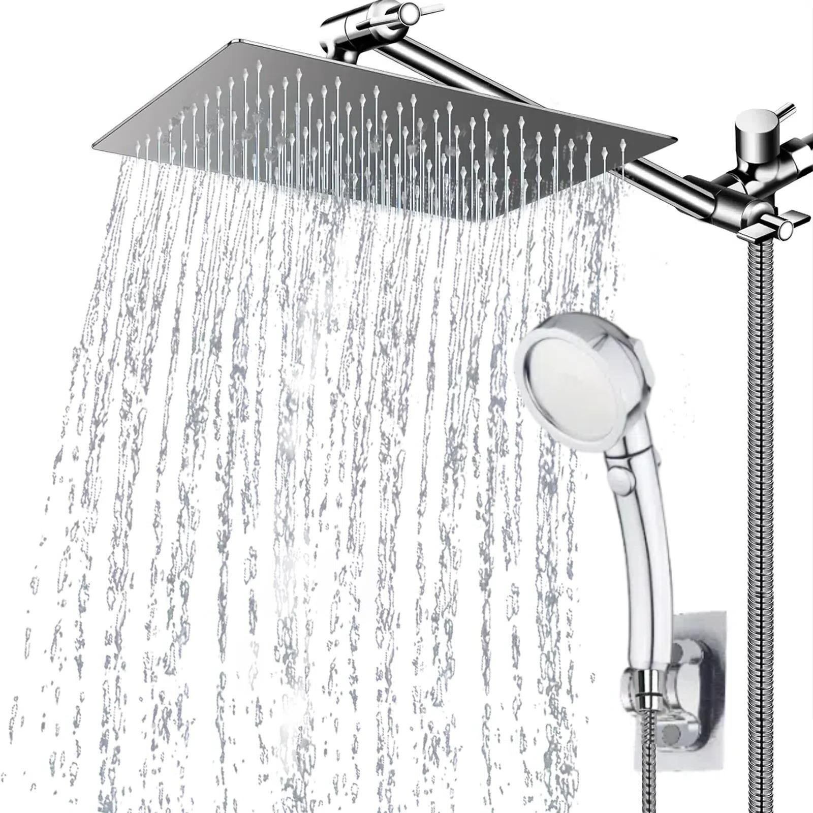 Dual  Rain  Shower  Head, 10 Inch High-Pressure 3-Way Shower Combo with 11-inch Adjustable Extension Arm and 3+1 Settings Handheld Showerhead Combo, Powerful Low-pressure Water Shower Spray, Handheld Shower Head With Hose, Combo Set