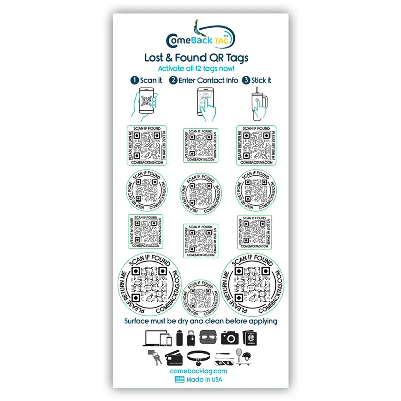 ComeBack Tag Lost and Found QR Labels - Scannable Adhesive Labels for Devices Laptops Water Bottles Keys Wireless Earbuds Sports Equipment - No App Subscription Required - Real-Time GPS Alerts & Seamless Setup
