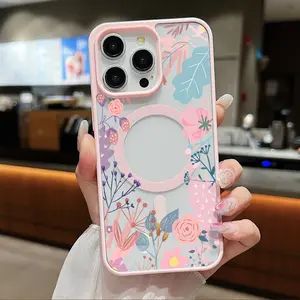 Pink Floral Pattern Clear Magnetic Phone Case , Compatible with MagSafe Silicone Bumper Protective Cover For iPhone X XSMAX 11 12 13 14 15 16 17 Pro Max Plus Air