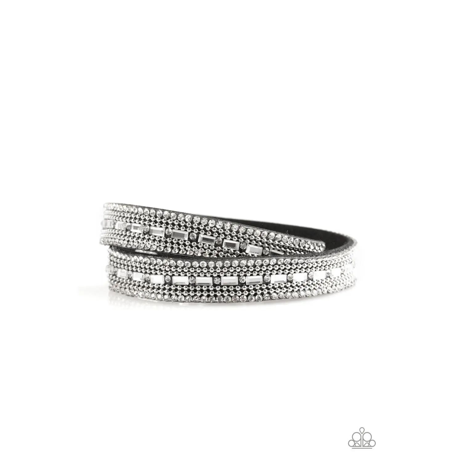 Shimmer and Sass - Black Suede Silver Rhinestone Accent Double Wrap Bracelet - Paparazzi