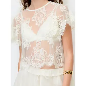 Cider Lace Round Neck Ruffle Sleeve Short Sleeve Sheer Top