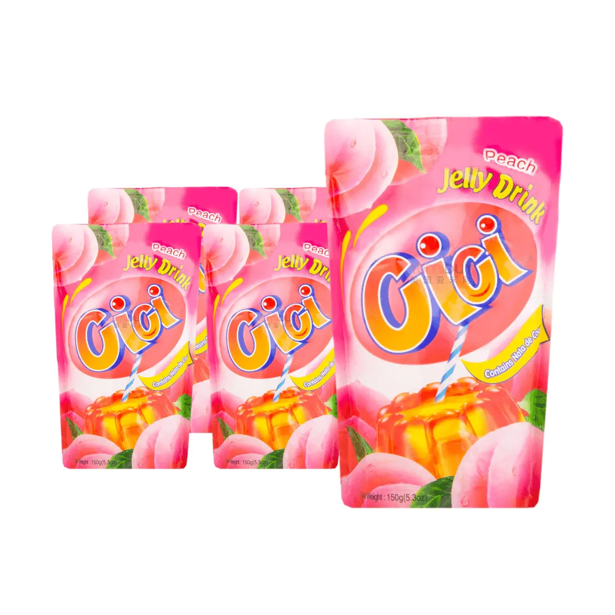 STRONGFOOD CICI Peach Jelly Drink with Coconut Jelly Bits, 150g Pouches (5 Pack)