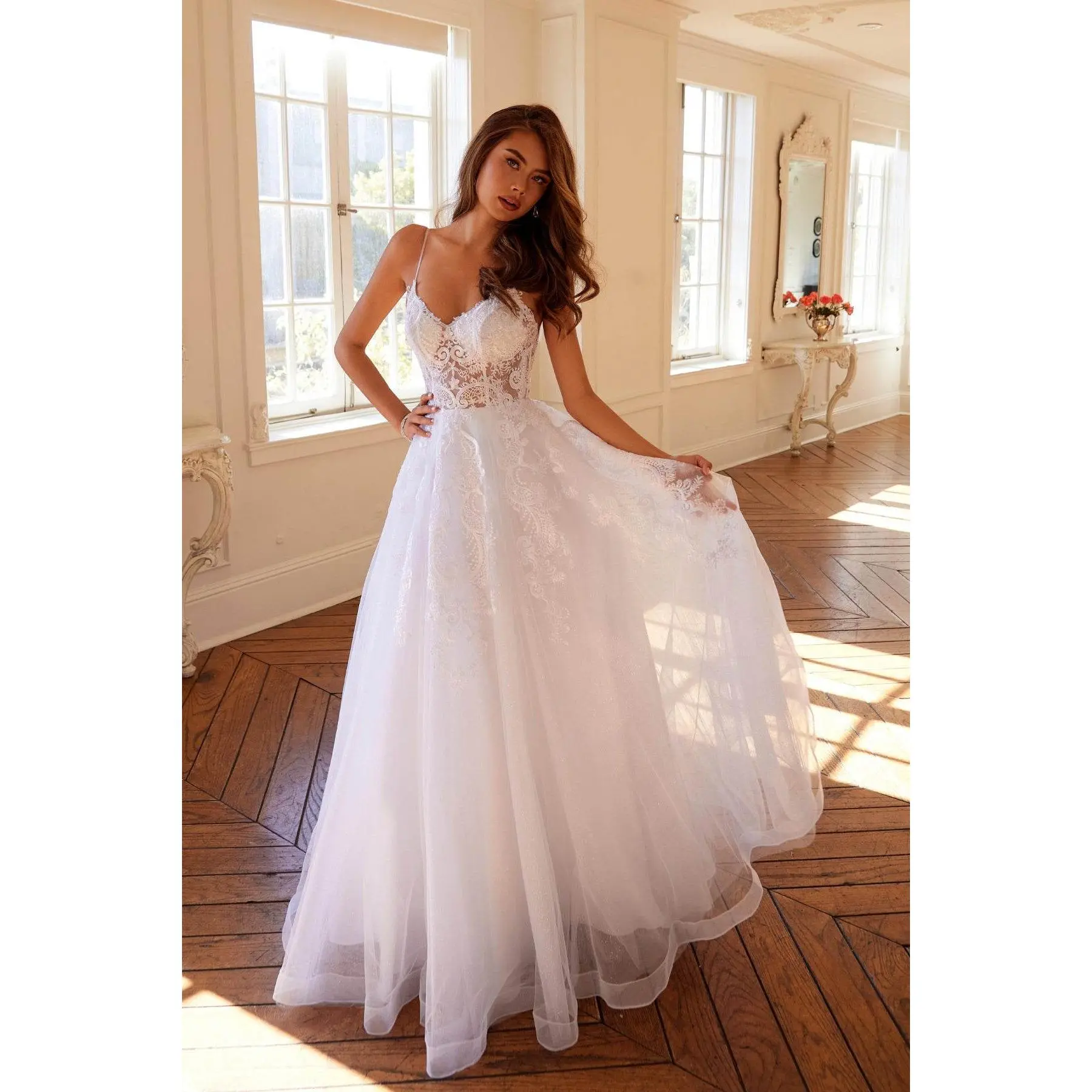 Elegant A-Line Wedding Gown with Embroidered Illusion V-Neck Bodice, Glitter Tulle Fabric, Thin Straps & Open Back with Zipper, Elegance, Embroidery, Sleeveless, Eloping, Formal Wedding, Fully Lined With Bra Cups