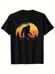 Men'S Retro-Style Tee Featuring a Sasquatch Outline - Perfect for Casual Wear, Breathable, And Comfortable for Summer.Available in Matching Styles for Both Men And Women, This Short-Sleeved Printed Shirt Is Made of 220G Pure for The Summer of