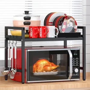 Microwave rack, extendable storage rack, double-layer kitchen utensil/dish storage for countertops, kitchen organizer rack