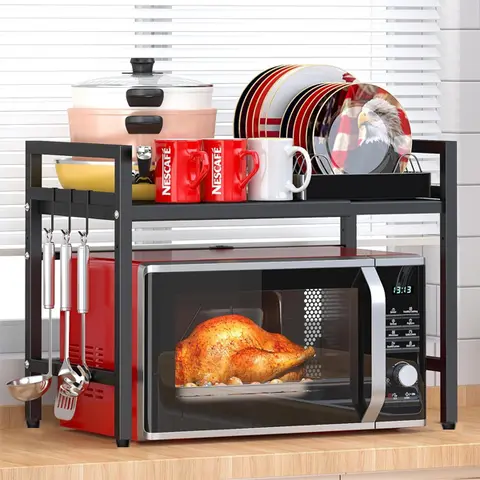 Expandable Double-Layer Carbon Steel Microwave Storage Rack, High Load Capacity Kitchen Countertop Organizer, Furniture for Small Spaces with Efficient Storage Organization & Extended Solutions (Max Expansion 22.5 in)